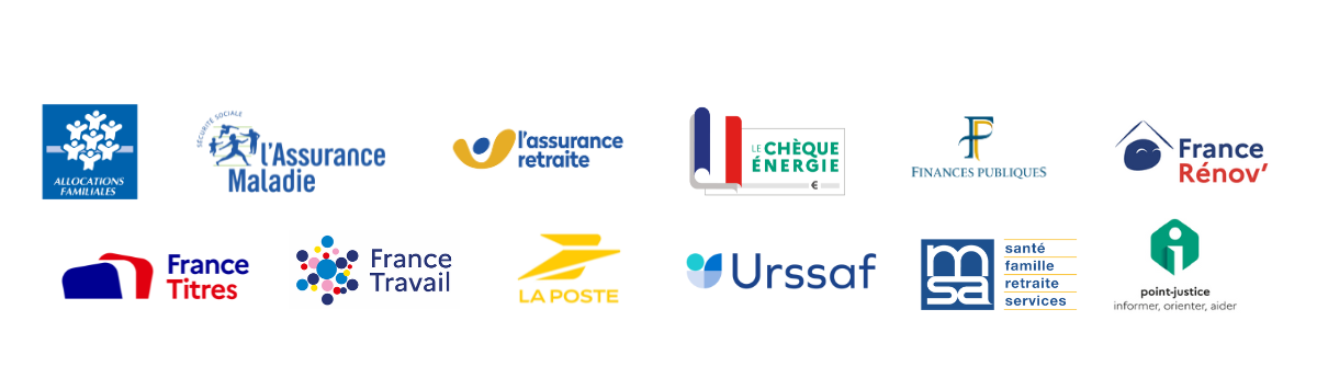 Logos des partenaires France Services : France Titres, Allocations familiales, Assurance Maladie, Assurance retraite, Chèque énergie, Finances publiques, France Rénov', France Travail, La Poste, MSA, Point-justice, Urssaf